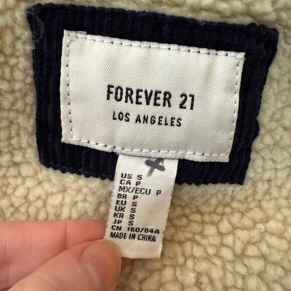 Forever 21 Corduroy Blue Navy Cream Bomber Aviator Sherpa Shearling Coat Jacket - Picture 3 of 6